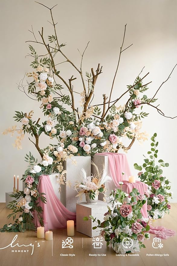 Ling's moment 41" Tall Free Standing Artificial Flowers Arrangements 2 pcs Wedding Arch Altar Stage Decorations Dusty Rose & Cream for Ceremony Reception Church Backdrop Outdoor Aisle Floral Party