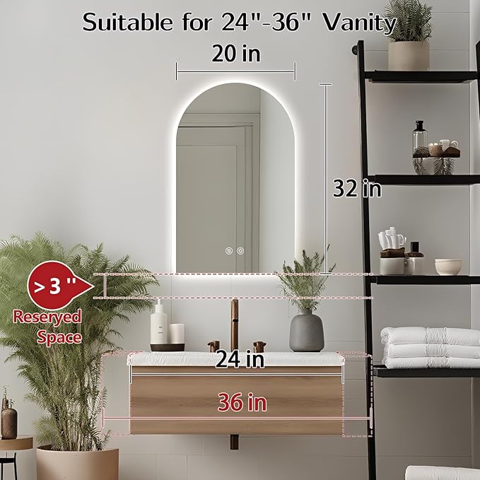 Niccy Arched LED Bathroom Mirror, 32x20 Inch Arch Frameless Backlit Mirrors for Wall Arched Lighted Vanity Mirrors Defogger and 3 Color, Explosion-Proof, HD Glass and IP65 Waterproof