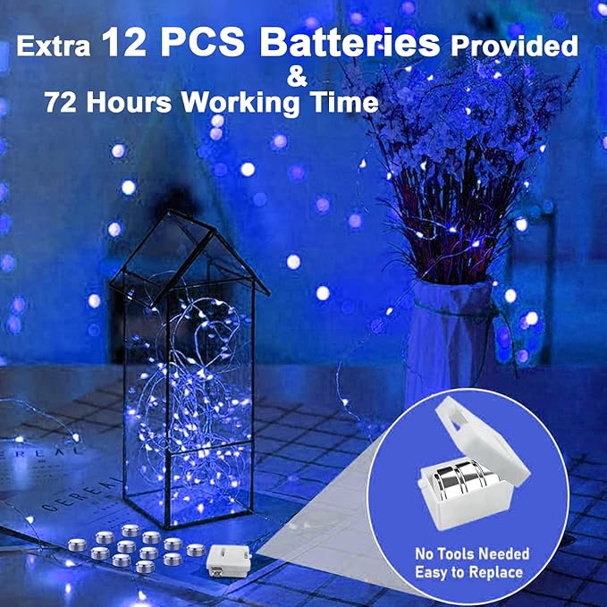12 Pack Valentine's Day Fairy Lights Battery Operated, 3 Speed Modes, Extra 12 Batteries for Replacement, 7Ft 20 LED Mini String Light, Waterproof Copper Wire, Twinkle Firefly Lights, Blue