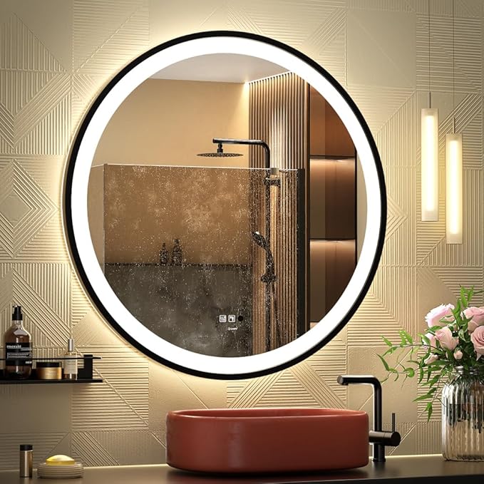 LED Sensor Mirror, Round Human Body Induction, Black Framed Vanity Mirror, Illuminated Dimmable Anti Fog IP44 Waterproof Wall Mounted Mirror (24" L x 24" W)