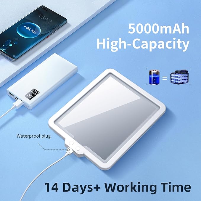 Lighted Shower Mirror Fogless for Shaving, Heated Fog Free Large 9.5*7inch 3 Color Modes Dimming Shower Shaving Mirror with Light, Rechargeable Anti-Fog Shower Mirror with Storage Tray & Razor Holders