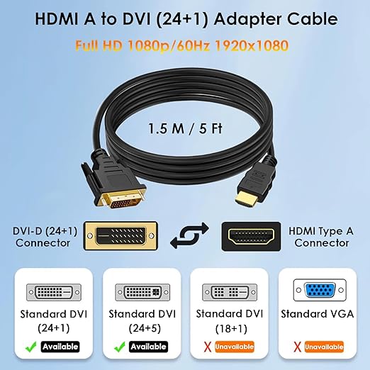 HDMI to DVI Adapter Cable 5ft, DVI-D (24+1) to HDMI A Cable Bi-Directional 1080p Full HD Compatible with PC, Laptop, TV Box, Projector, and More