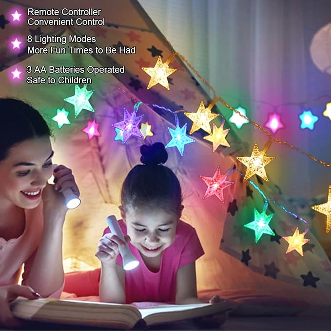 LAMPDREAM Abkshine 25Ft 50LEDs Battery Powered Star Fairy Lights, 8 Modes Warm White Color Changing LED Star String Lights for Wedding, Christmas, Birthday, Halloween, Mother Day