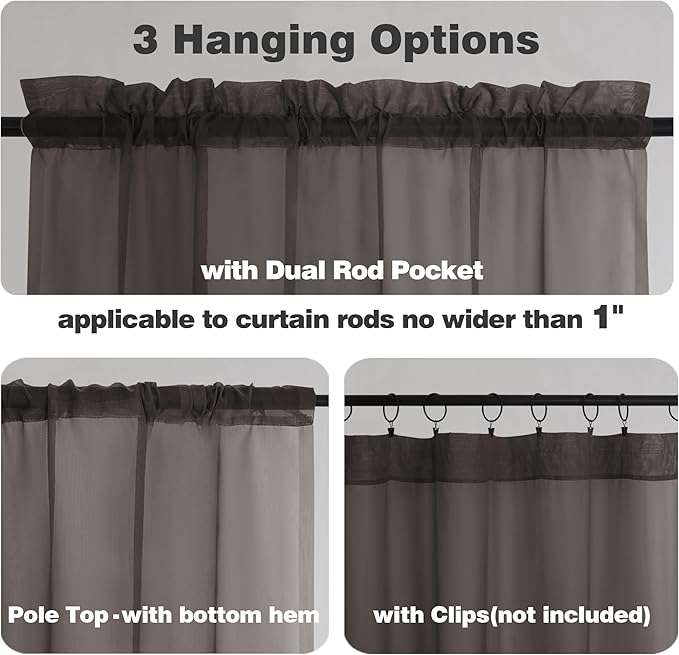 Chyhomenyc Sheer Curtains 36 inch Length 2 Panels, Light Filtering Voile Rod Pocket Short Window Sheer Curtians for Bathroom Living Room, 2PCS, Choclate Brown
