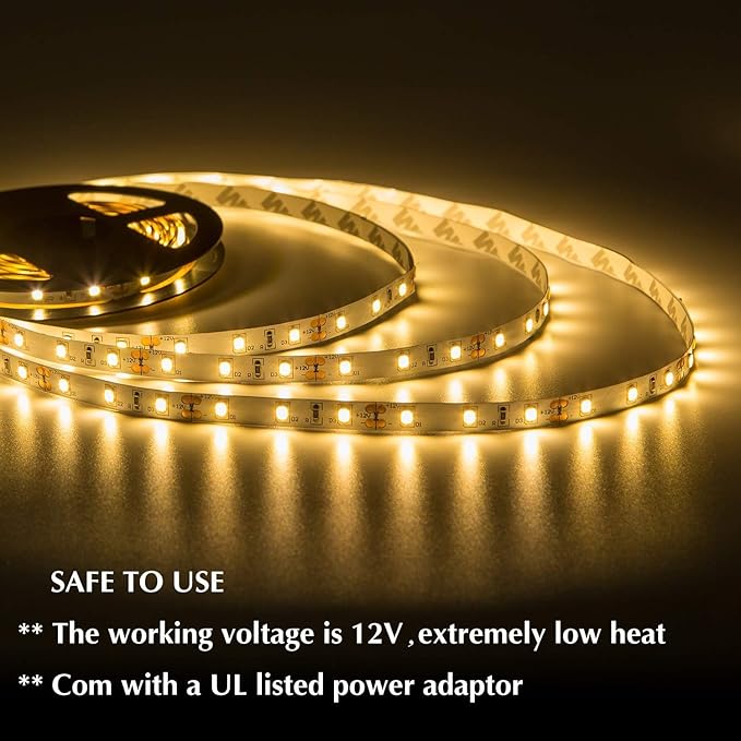 Warm LED Strip Lights, Waterproof cuttable 300 SMD 2835 LED Tape, 6000K 12V Flexible Ribbon, Kitchen Cabinet Lighting, Outdoor/Indoor (Warm(16.4ft))