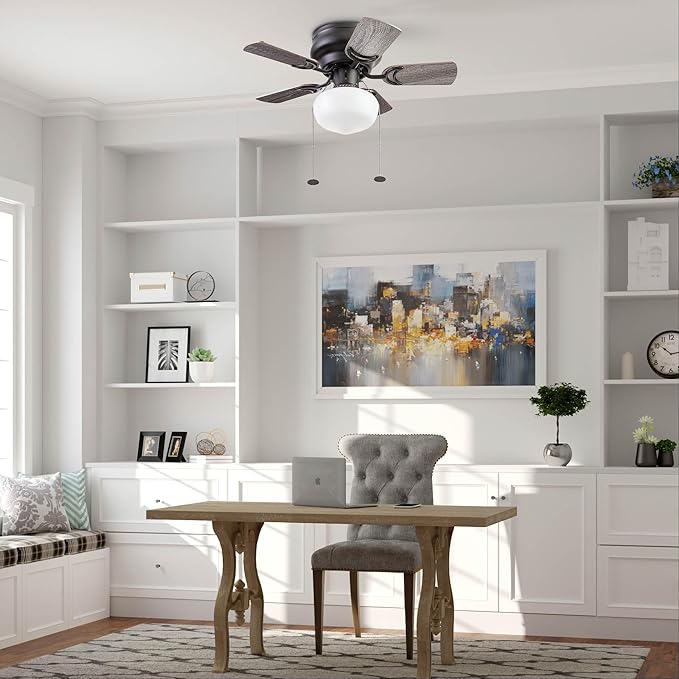 Prominence Home Hero, 28 Inch Traditional Flush Mount Indoor LED Ceiling Fan with Light, Pull Chain, Dual Finish Blades, Reversible Motor - 51655-01 (Bronze)