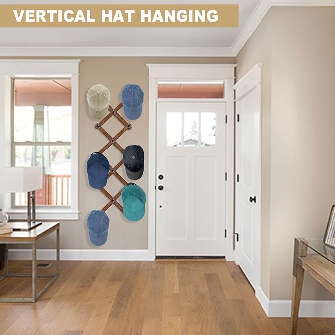 WGFKVAS Accordion Wall Hanger with 14 Hooks - 2Pcs Expandable Coat Rack Wall Mount - Wood Wall Hanger for Baseball Caps, Coats & Bags, Coffee Mug, Jewelry