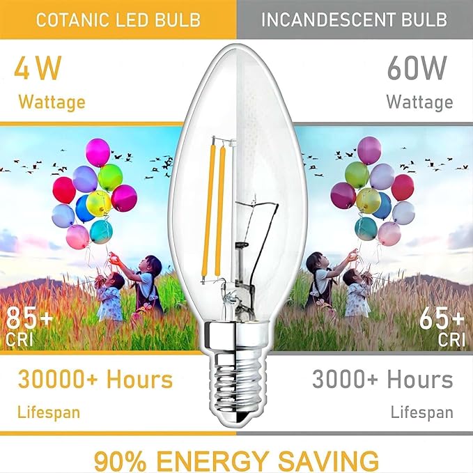 Cotanic LED Candelabra Bulb Dimmable 2700K Soft Warm White, E12 Small Base Type B Light Bulb 60W Equivalent, B11 Candle Light Bulb for Chandelier, Ceiling Fan Light Bulbs, 600LM, AC 120V, 12 Pack