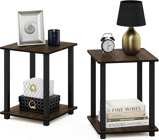 Furinno SIMPLISTIC Side Table Set of 2, 2-Tier End Table, Nightstand, Night Stand, Bedside Table, Easy Assembly, for Living Room, Bedroom, Columbia Walnut