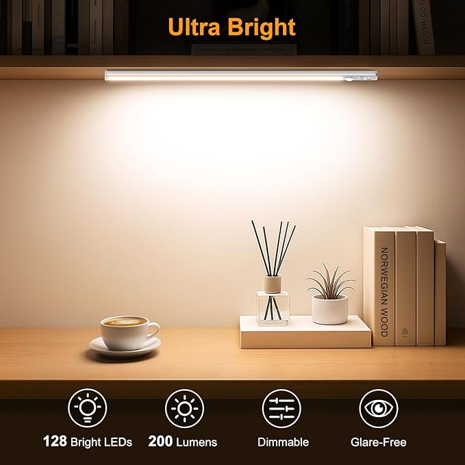 Gritin 14.7inch Under Cabinet Lighting Rechargeable - 128 LED Super Bright, 3-Color&5 Level Brightness, 4 Modes, Motion Sensor, Long Lasting-Easy Installation Magnetic Closet Lights - 2 Pack-Silver