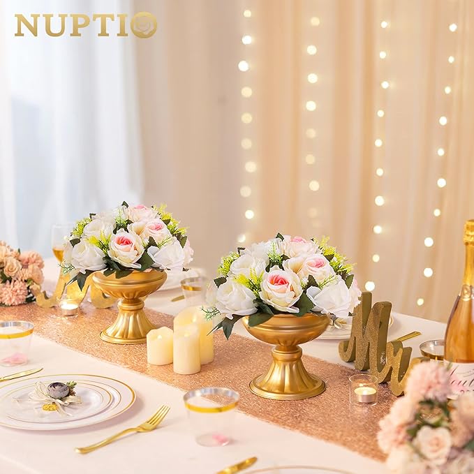 NUPTIO Pcs of 10 Fake Flower Ball Arrangement Bouquet,15 Heads Plastic Roses with Base, Suitable for Our Store's Wedding Centerpiece Flower Balls for Centerpieces Home Décor (Pink Champagne & White)