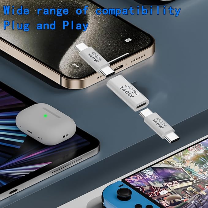 USB C Female to Female Adapter, USB Type C Coupler Extender Support 140W, 40Gbps, 8K@60Hz for Laptop, Phones and More Type C Devices (White),2 Pack