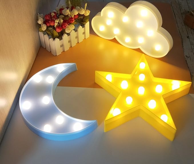 3PCS Decorative LED Crescent Moon Cloud and Star Night Lights Lamps Marquee Signs Letters for Baby Nursery Decorations Gifts for Children (Moon Cloud and Star)