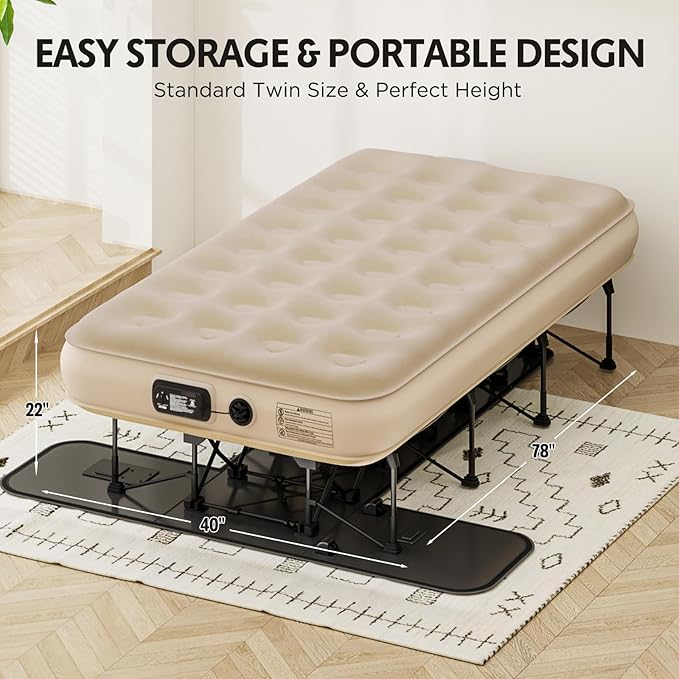 Simpli Comfy EZ Bed Twin Self-Inflating Air Mattress with Built-in Frame, Pump and Wheeled Case, Blow Up Inflatable Air Bed Perfect for Home, Guests, Travel, Vacation, Camping