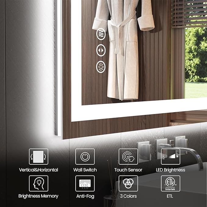 36"X36" LED Bathroom Mirror with Front Lights and Backlit, Anti-Fog, Dimmable, Shatter-Proof Tempered Glass, Lighted Bathroom Vanity Mirror for Wall with 3 Colors, Memory Function