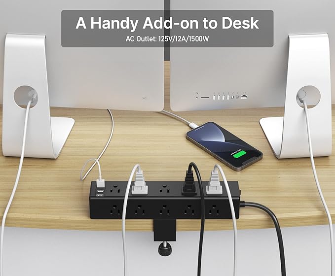 CCCEI Standing Desk Clamp Power Strip with 15 Outlets, Widely Spaced Desktop Edge Mount Surge Protector Outlet, Fast Charging USB-A and USB-C Ports, 15 FT Flat Plug, Black Fit 1.6 inch Table top.
