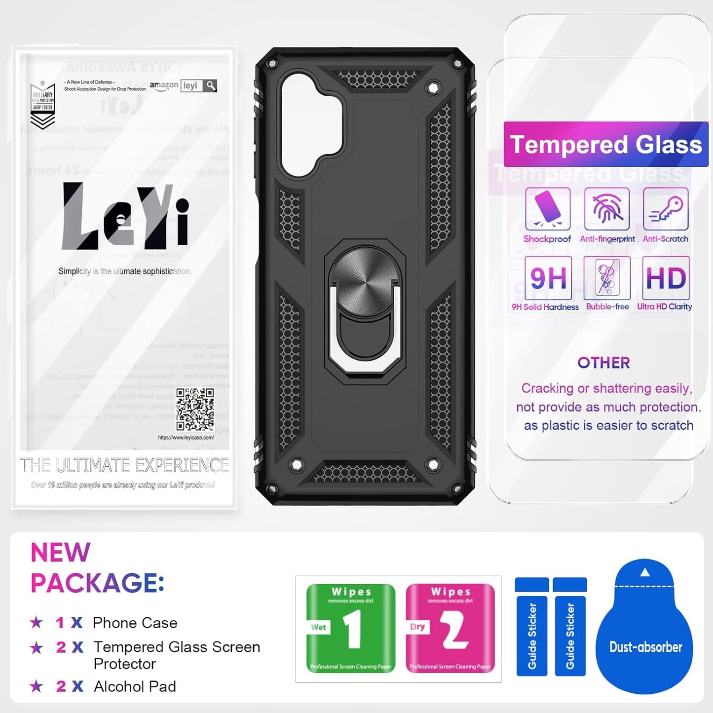 LeYi Samsung Galaxy A32 5G Phone Case, [2 Pack] Tempered Glass Screen Protector, Military-Grade Ring Kickstand Case