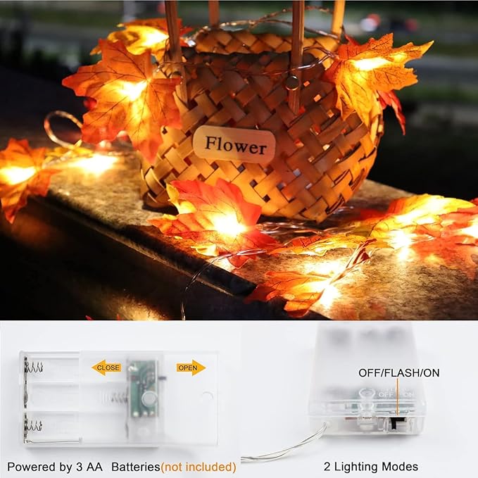 2 Pack Thanksgiving Decorations Maple Leaf Pumpkin Lights, Total 20Ft 40 LED Battery Operated 3D Pumpkin Fall Leaves Garland String Lights for Home Mantel Table Porch Door Indoor Outdoor Fall Decor