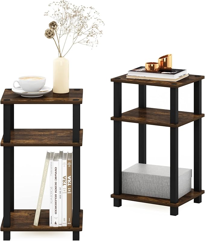 Furinno JUST Side Table Set of 2, 3-Tier Open Shelf End Table, Toolless Assembly Night Stand, Bedside Table with Square Tube, for Living Room, Bedroom, Amber Pine