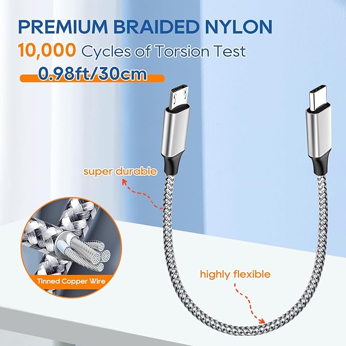 UCEC 3-Pack Braided Nylon USB C to Micro USB Cable, Type C to Micro USB Charging Cord for USBC Devices, Tablet, Camera, Speaker, Phone, Gray