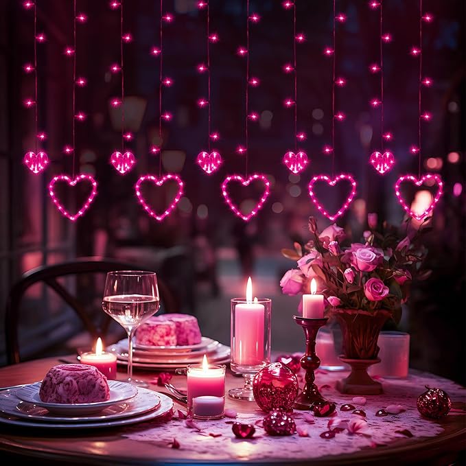 Valentines Day Decor, Pink Love Heart String Lights for Bedroom, 12 Hearts 138 LED Fairy Twinkle Lights with Remote, 8 Lighting Modes Connectable Window Lights for Valentine's Day Wedding Home Decor