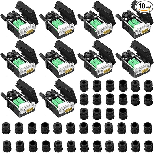 10PCS DB9 Male Breakout Connector,DB9 Solderless RS232 D-SUB Serial to 9-pin Port Terminal Adapter Connector Breakout Board with Case Long Bolts Tail Pipe