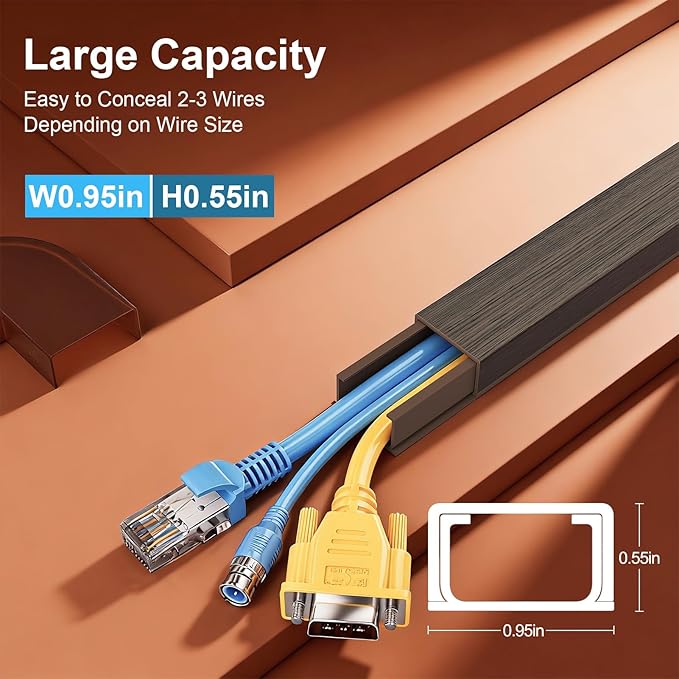 Yecaye Cord Hider, 113in Medium Cord Covers for Wires on Wall, Cord Organizer for 2-3 Wires, Easy Install Cable Management Kit, TV Cable Hider for Home Office, W0.95in H0.55in, Darkwood