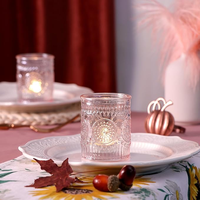 DEVI 24pcs Pink Votive Candle Holders for Table Centerpieces, Glass Tea Lights Candle Holder, Wedding Shower Decorations, Baby Shower Decorations, Valentine Party Centerpieces Table Decoration