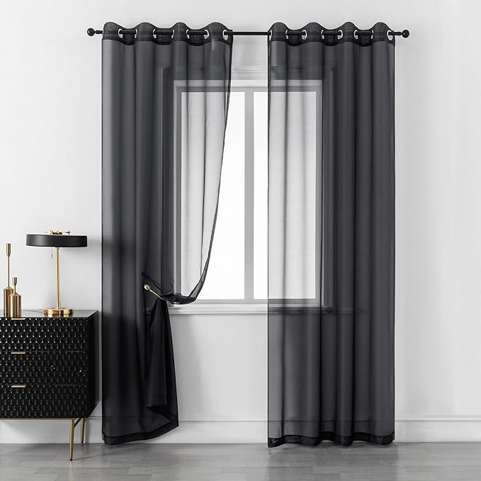 DUALIFE Black Sheer Curtains 84 Inches Length for Living Room Set of 2 Panels Grommet Window Drapes Semi Voile Modern Black Transparent Curtains for Bedroom 52x84 Inch Long