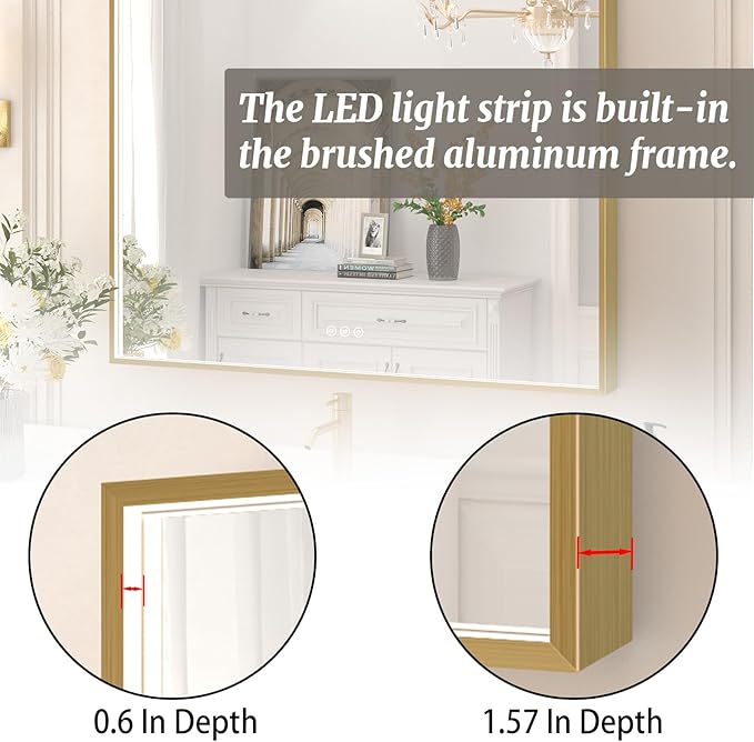 36x36 Inch LED Bathroom Mirror, Gold Metal Framed Lighted Mirror for Bathroom, Wall Mouted LED Vanity Mirror with Lights, 3 Colors and Stepless Dimmable, Anti-Fog, Memory