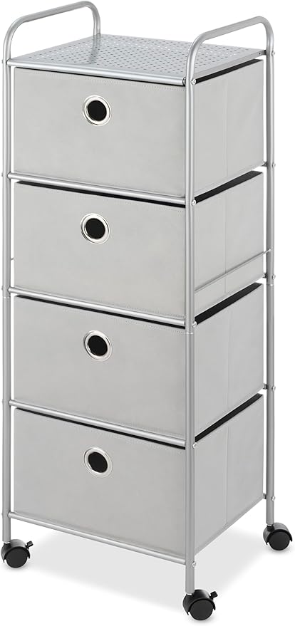 Whitmor 4-Drawer Cart, Metal Frame, Polyester Drawers, Home & Office Organizer, 13.98"L x 16.92"W x 43.94"H, Grey