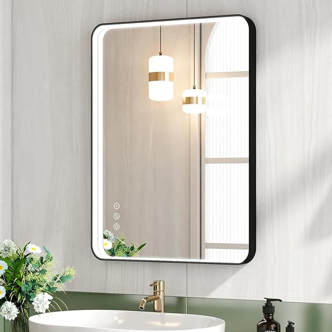 20x28 Inch LED Bathroom Mirror with Lights, Black Metal Framed LED Mirror for Bathroom, 3 Colors and Stepless Dimmable Wall Mounted Lighted Bathroom Vanity Mirror, Anti-Fog, Memory
