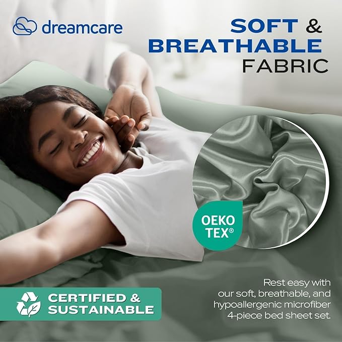 DREAMCARE Full Size Sheets Set - 4 Pcs Cooling Bed Sheets with Up to 15" Deep Pockets - Soft, Long-Lasting 100% Brushed Polyester with Side Pocket (Sage Green)