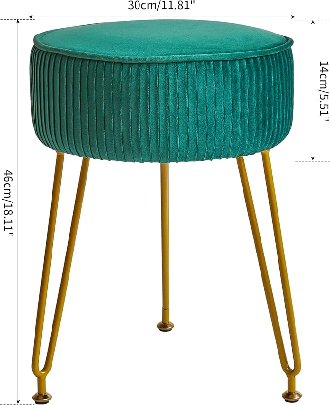 IBUYKE Velvet Round Footrest Stool Ottoman, Makeup Vanity Stool Side Table, Velvet Dressing Table Seat, Pouf Couch Stool, Golden Steel Legs, Green LG-30L