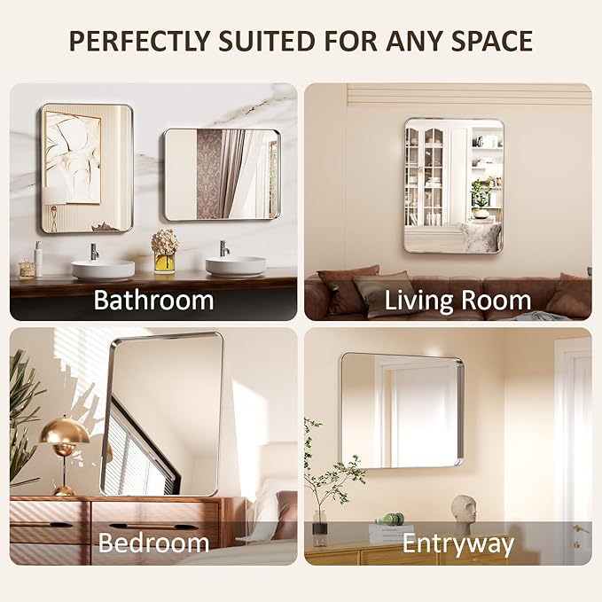 22×30 Silver Bathroom Vanity Mirror for Over Sink - Rectangle Framed Mirrors for Wall with Tempered Glass & Rounded Corners for Bedroom, Living Room, Horizontal/Vertical, Modern Farmhouse
