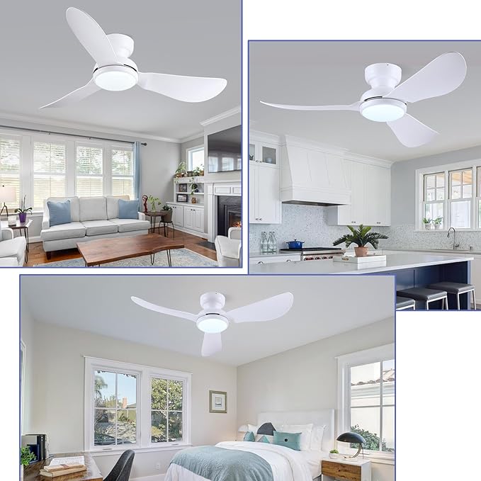 46 Inch Modern Ceiling Fans with Lights, Flush Mount Ceiling Fan with Remote/APP Control, 3 Reversible Curved Blades, 6 Speeds, 3 CCT, Dimmable Lights for Kids Room Bedroom, White
