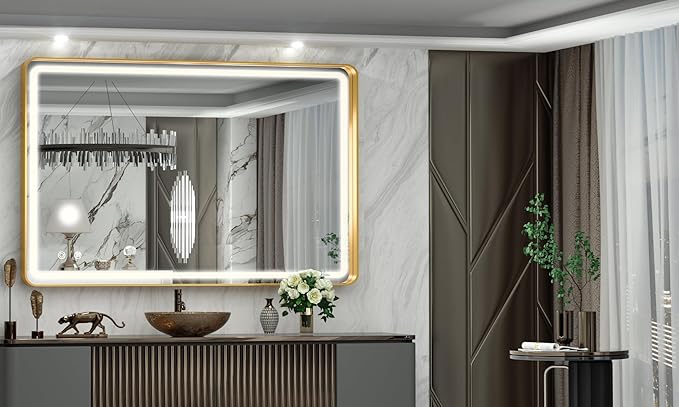 Hasipu 40×30 Inch LED Bathroom Mirror with Lights, Gold Metal Framed Bathroom Lighted Mirror for Vanity Shaving, Rectangle Wall Mounted Mirror, Anti-Fog, Dimmable, 3 Colors (Horizontal/Vertical)