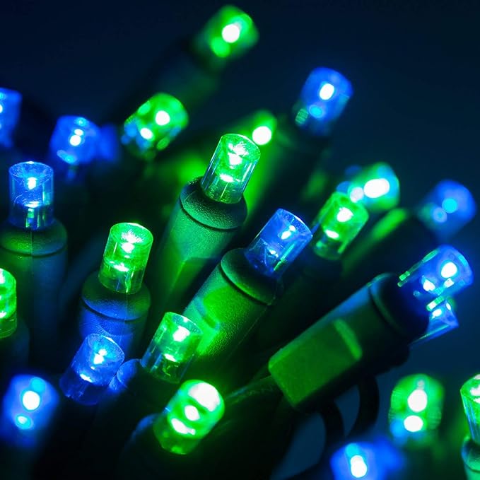 Wintergreen Lighting 70 LED Green and Blue Christmas Lights, 24 ft Indoor/Outdoor Wide Angle Mini String on Green Wire, Commercial Grade, 5mm