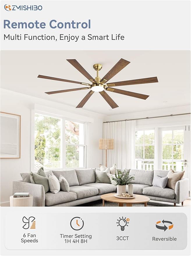 ZMISHIBO 72 inch Black and Gold Ceiling Fans with Lights and Remote, Indoor/Outdoor Ceiling Fan for Patio Living Room, 6 Speed Reversible Quiet DC Motor, 3 CCT, Dual Finish Blades