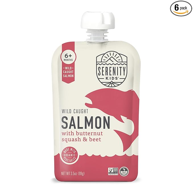 Serenity Kids 6+ Month Salmon Baby Food Pouches - BPA-Free Wild Caught Salmon & Organic Butternut Squash & Beet - No Added Sugar & High Protein - 3.5 Oz, 6 Pack