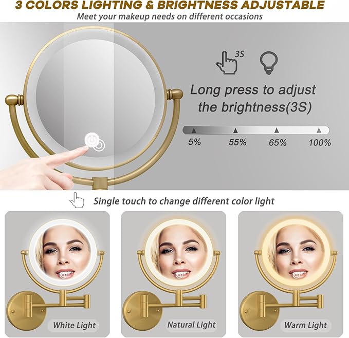 Make up Mirror Wall Mounted Lighted 10X Magnifying Hard Wired, Double Sides 3 Color Lighting Touch Dimming, 360 Swivel Extended Arm Shaving Light up Mirror for Bathroom, Antique Brass