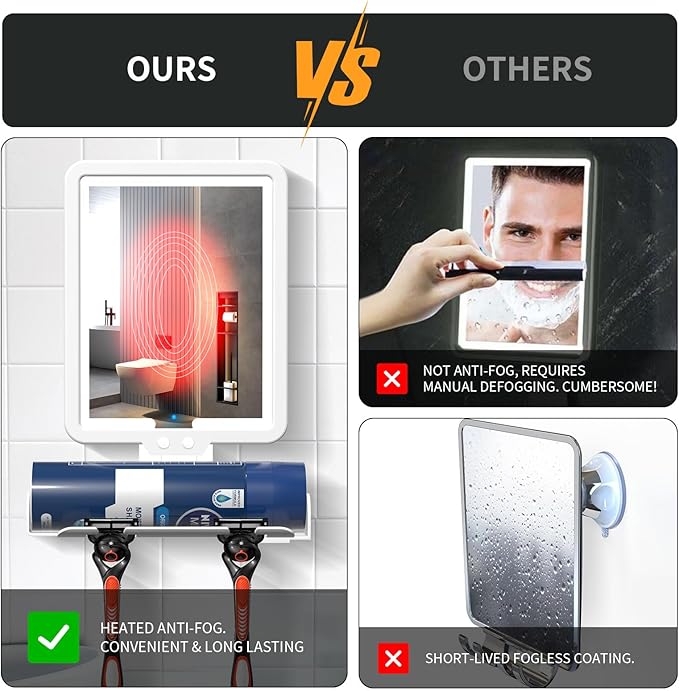 Lighted Shower Mirror Fogless for Shaving, Heated Fog Free Large 9.5*7inch 3 Color Modes Dimming Shower Shaving Mirror with Light, Rechargeable Anti-Fog Shower Mirror with Storage Tray & Razor Holders