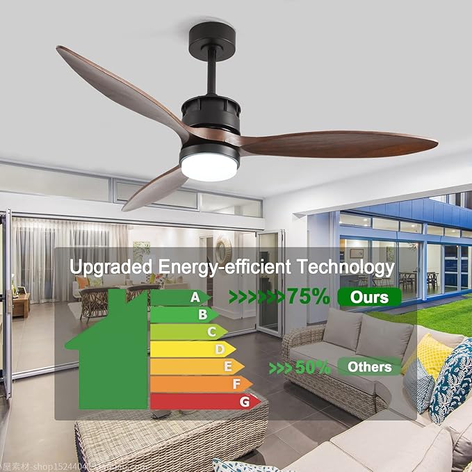 BOJUE Ceiling Fans with Lights, 60 Inch Black Ceiling Fan with Remote Control, 3 Wood Fan Walnut Blades, Modern Fan Lights for Farmhouse Living Room/Bedroom/Study