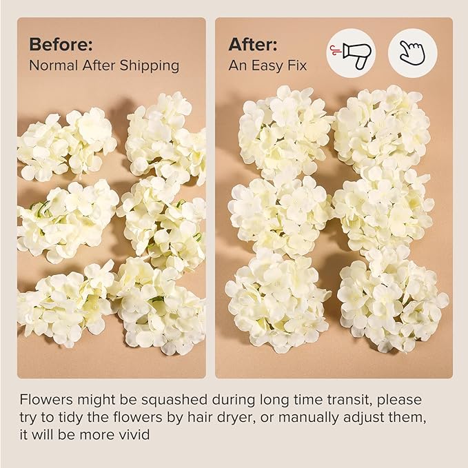 Auihiay 64pcs Silk Hydrangea Artificial Flowers, Champagne Artificial Hydrangea Flowers with Stems, Full Hydrangea Flowers for Wedding Centerpieces, Home, Garden, Party Decoration (Champagne)