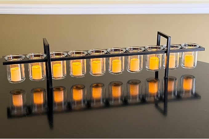 Seraphic 10-Cup Rustic Modern Floating Candle Holder Table Centerpiece Decoration for Dining Room, Kitchen, Patio, Weddings, Metal Iron with Glass Cups, 33" Long