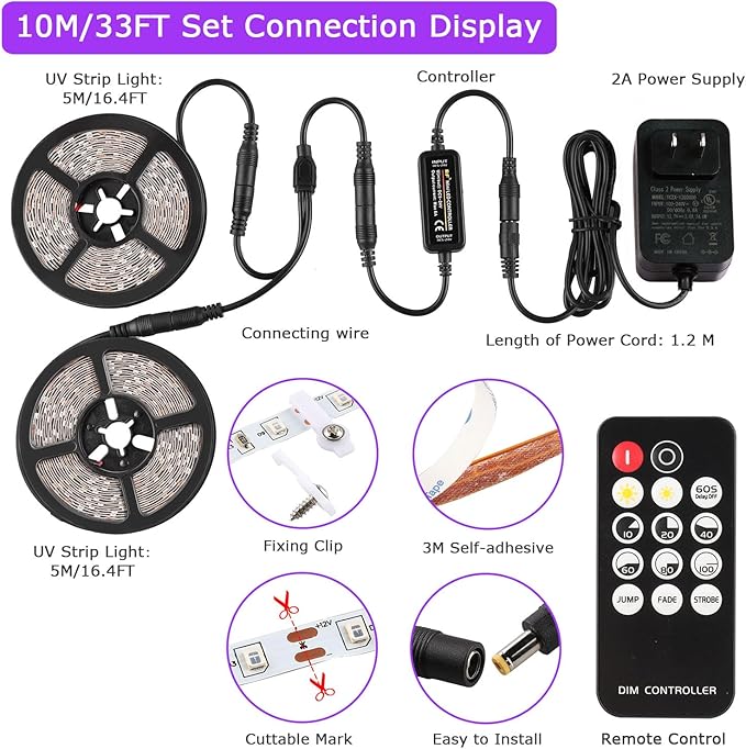 Upgraded 33ft/10M LED Black Light Strip Set with Remote, 600 LEDs, 12V Self-Adhesive Dimmable Black Light Fixture, for Dance Parties, SMD2835 LED Lamp Beads, Non-Waterproof