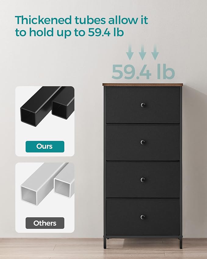 SONGMICS Dresser for Bedroom, Fabric Dresser with 4 Drawers, Metal Frame, Small Chest of Drawers, Black and Rustic Brown ULTS314B01