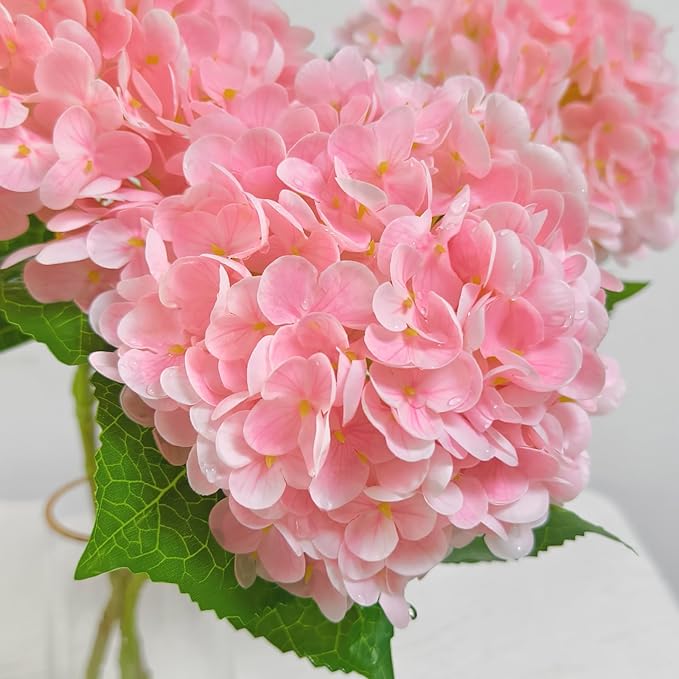 Real Touch Pink Hydrangea Artificial Flowers with Stems, Fake Silk Flowers for Outdoors, 3 Pcs Artificial Flowers for Home Decor Wedding Bouquets Centerpieces Vase