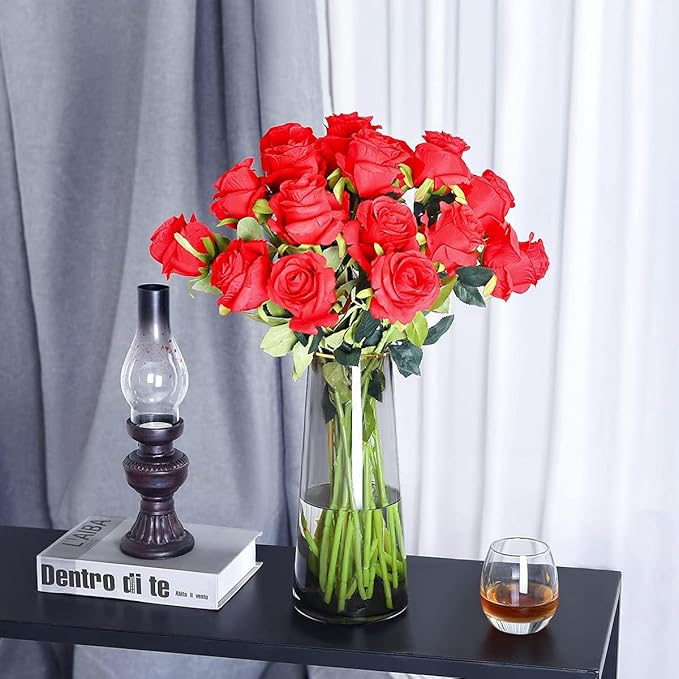 JUSTOYOU 8PCS Red Roses Artificial Flowers Realistic Long Stem Fake Roses Bouquet, Faux Silk Flowers for DIY Bouquets Wedding Centerpieces Arrangements Home Party Decor