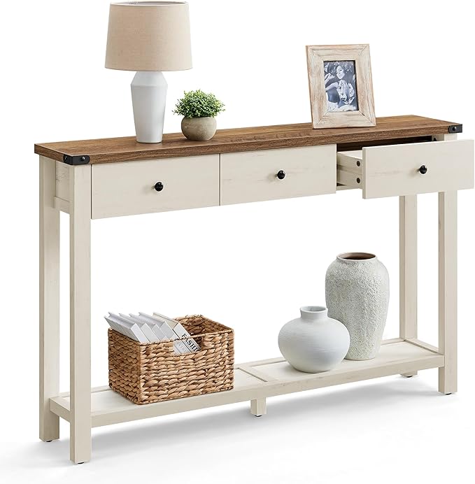 VASAGLE Console Table, Sofa Table, Narrow Entryway Table, Entry Table with 3 Drawers, Open Storage Shelf, Metal Corners, for Living Room, Farmhouse Style, Honey Brown and Rustic White ULNT142WJ02S